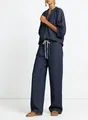 Casual dark blue denim-style two-piece set with zipper top and wide-leg drawstring pants - Blue