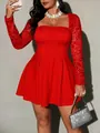 Red lace long sleeve sexy mini dress with sweetheart neckline worn by fashion model - 3XL / Tops / Red