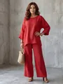 Elegant red two-piece cotton-linen blend set with loose shirt and wide-leg trousers - S / Top And Bottom / Red