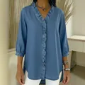 Womens casual blue faux denim V-neck blouse with elegant ruffle trim and long sleeves - S / Tops / Blue