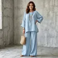 Light blue loose cotton-linen women's two-piece set with shirt and wide-leg pants - S / Top And Bottom / Sky Blue