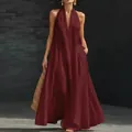 Detailed view of wine red V-neck halter maxi dress with breathable linen texture - S / Burgundy