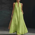 Elegant lime green sleeveless V-neck maxi dress for women made of breathable linen-like fabric - S / Light Green