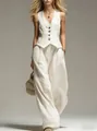 Elegantes weißes Leinen-Zweiteiler-Set für Damen mit Weste und weit geschnittener Hose. - S / Oberteil und Hose / Weiß