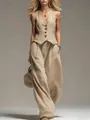 Elegantes Damen-Zweiteiler-Set aus Leinen mit V-Ausschnitt Weste und weiter Hose - S / Oberteil und Hose / Khaki