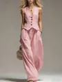 Schickes rosa zweiteiliges Set mit V-Ausschnitt Weste und lockerer weiter Hose für Damen - S / Oberteil und Hose / Rosa