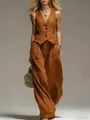 Schickes Damen-Set in gebranntem Orange mit V-Ausschnitt Weste und weitem Bein Hose - S / Oberteil und Hose / Hellbraun