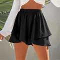 Detailed view of women's black ruffled skort with elastic high waist for summer. - S / Bottom (KG531) / Black