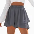 Detail view of grey layered high-waisted culottes with elastic waistband for women - S / Bottom (KG531) / Gray