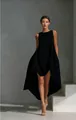 Elegant sleeveless solid black dress featuring a round neck and asymmetrical high-low hem. - S / Black