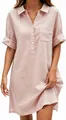 Abito a camicia casual e traspirante in lino e cotone rosa con colletto a rever donna - Rosa