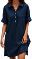 Abito a camicia in cotone e lino blu navy con colletto a rever e pratico taschino - Blu Notte