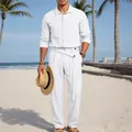 Atmungsaktives weißes Leinen-Set für Herren: Langarmhemd und passende Hose für den Strand - S / Oberteil Und Unterteil / Weiß