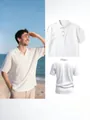Vista dettagliata della polo da uomo in lino bianco con colletto a revers e bottoni - Taglia M / Top / Bianco