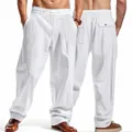 Front and back detail view of premium white loose-fit linen casual pants for men - S / Bottoms / White