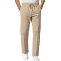 Close-up of men's beige slim-fit business casual trousers with drawstring waist. - S / Bottoms / Khaki