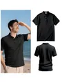 Polo da uomo nera in lino a maniche corte mostrata su modello e in vista piatta fronte - Taglia M / Top / Nero