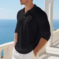 Ανδρικό μαύρο λινό μακρυμάνικο μπλουζάκι polo που αναπνέει σε χαλαρή άνετη γραμμή - S / Tops / Μαύρο