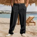 Vista frontale completa dei pantaloni da uomo in lino nero indossati da un modello - Taglia S / Nero