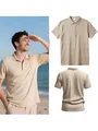 Ademend beige linnen poloshirt voor heren op model en in platte detailweergaven - M / Tops / Khaki