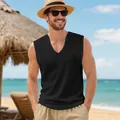 Close-up detail of a black quick-dry V-neck sports tank top for men's summer fitness - S / Tops / Black