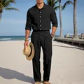 Herrenset aus schwarzem Leinenhemd und Hose für lässige Strandmode, atmungsaktives Set - S / Oberteil Und Unterteil / Schwarz