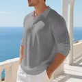 Γκρι ανδρικό πόλο από λινό, χαλαρή γραμμή, μακριά μανίκια και γιακάς με κουμπιά. - S / Tops / Γκρι