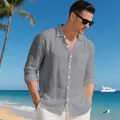 Premium men's grey long sleeve linen shirt shown in a scenic beach holiday setting - S / Tops / Gray