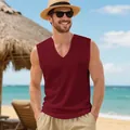 Men's burgundy V-neck quick-dry tank top shown in a casual outdoor beach setting - S / Tops / Burgundy