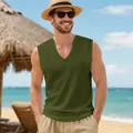 Mens V-neck quick-dry muscle workout tank top in olive green shown on a sunny beach - Army Green