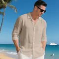 Camicia classica da uomo in lino beige traspirante per le vacanze estive al mare casual - Kaki