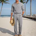 Detailansicht graues Herren-Leinen-Set aus Hemd und Hose für den Strandurlaub - S / Oberteil Und Unterteil / Grau