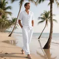 Conjunto de lino de verano para hombre con camisa de manga corta y pantalón de playa - Blanco