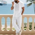 Completo da spiaggia in lino bianco da uomo con felpa a maniche corte e pantaloni - Taglia S / Top E Pantaloni / Bianco