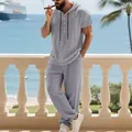 Completo casual da uomo in lino grigio con felpa a maniche corte e pantaloni lunghi - Taglia S / Top E Pantaloni / Grigio
