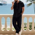 Completo casual da spiaggia in lino nero da uomo con felpa con cappuccio corta - Taglia S / Top E Pantaloni / Nero
