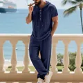 Completo da spiaggia in lino blu navy con maglia a maniche corte e cappuccio - Blu navy