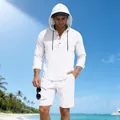 Set da spiaggia in lino bianco da uomo con camicia con cappuccio e pantaloncini - Taglia S / Top E Pantaloni / Bianco