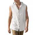 Close-up detail of white sleeveless hooded linen shirt showing breathable fabric texture - S / Tops / White