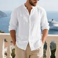 Close-up of white breathable linen Henley shirt with stand collar on male model - S / Tops / White