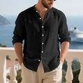Detail view of men's casual black linen long-sleeved Henley shirt with a stand collar - Black