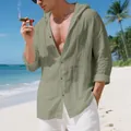 Men's casual olive green linen hooded shirt with long sleeves for tropical beach wear - S / Tops / Army Green