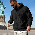 Detail of men's black hooded teddy fleece sweatshirt with jacquard cable knit pattern. - S / Tops / Black
