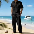 Conjunto casual de lino negro para hombre con camisa de manga corta y pantalón de playa - S / Top Y Pantalón / Negro
