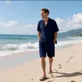 Mann am Strand im navyblauen Set aus kurzärmeligem Leinenhemd und passender Shorts - Marineblau