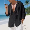 Casual men's black linen hooded shirt featuring a breathable texture and button-down design - S / Tops / Black