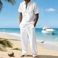 Conjunto de lino blanco para hombre con camisa de manga corta y pantalones de verano - S / Top Y Pantalón / Blanco