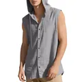 Detail view of the breathable linen fabric on this men's gray sleeveless hooded shirt - S / Tops / Gray