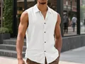 Close-up of a men's casual white linen sleeveless shirt with a front chest pocket - S / Tops / White