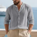 Chemise henley en lin gris pour homme avec col officier et manches longues respirantes - S / Hauts / Gris foncé